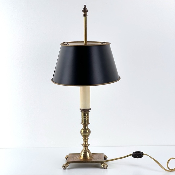 Vintage French Tole Brass Double Bulb Table Lamp With Black Shade - Picture 2 of 12